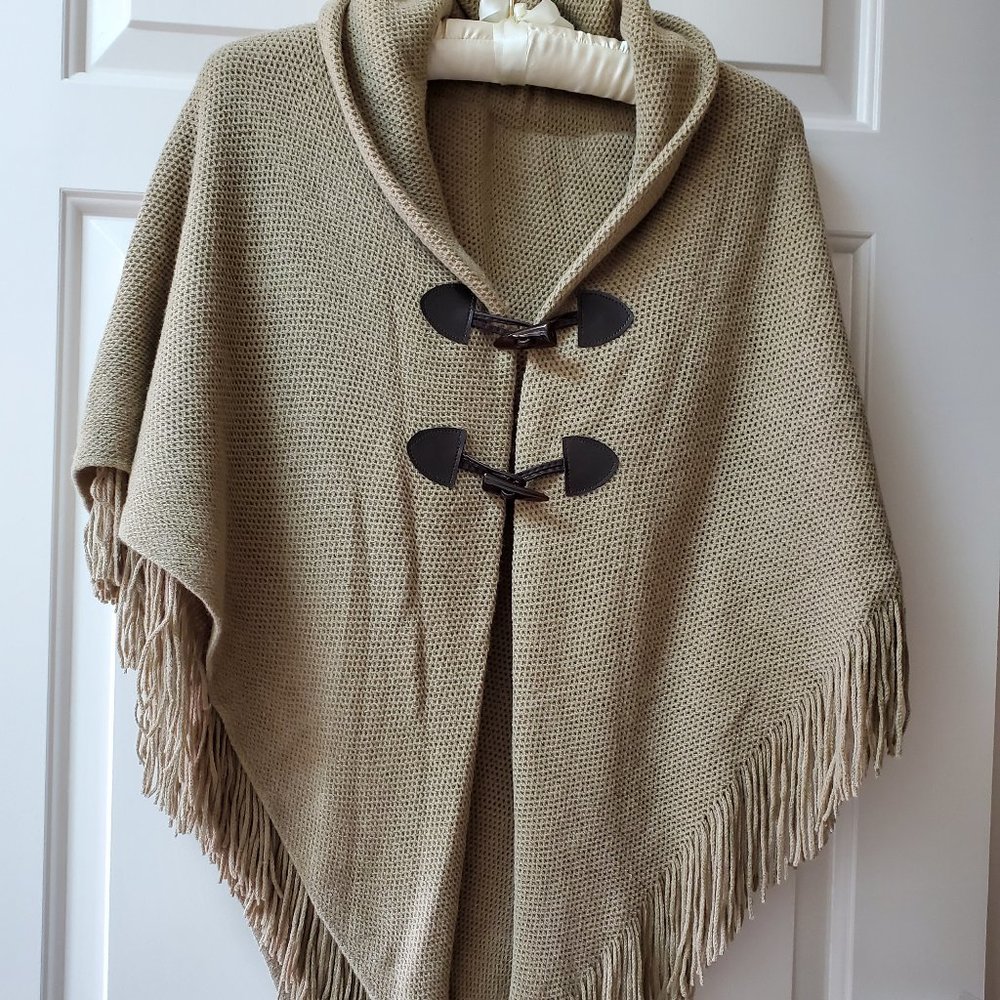 TAN SHAWL CAPE WITH FRINGE